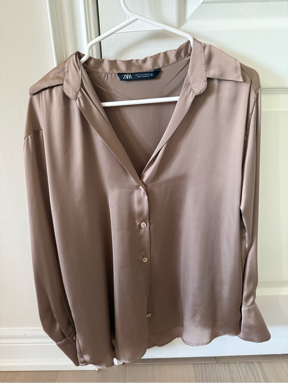 Zara Satin Button-Up Blouse in Taupe Beige